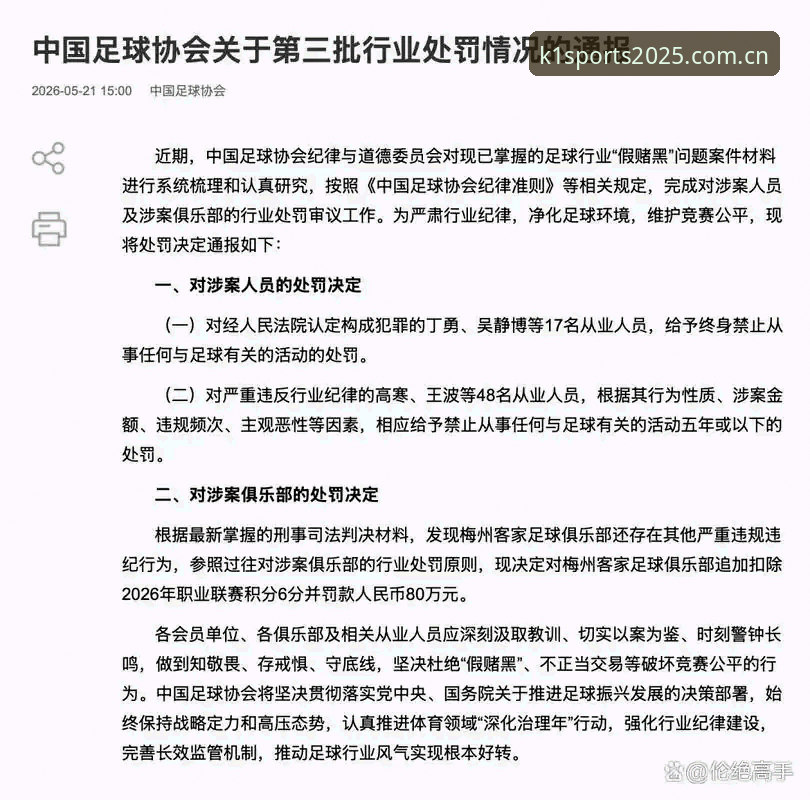 K1体育最新版本教程 中国足协第三批禁足名单解读操作教程:从行业整顿看体育生态治理